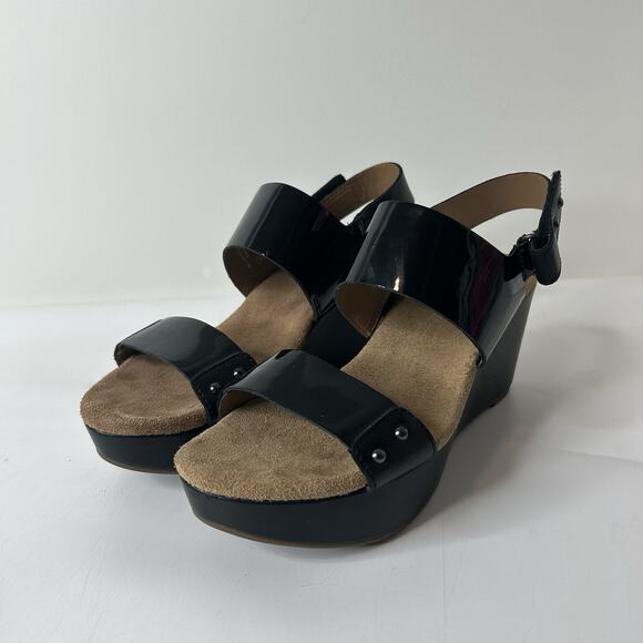 Clarks Sandals Women’s 8 M Artisan Caslynn Dez Black Patent Leather Wedge - Picture 1 of 10